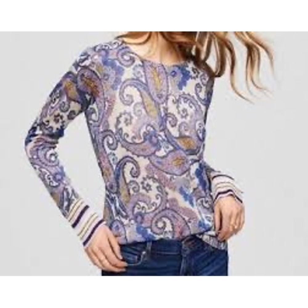 Loft Womens Paisley Print Crew Neck Sweater Blue Pink Striped Cuffs Size‎ XS